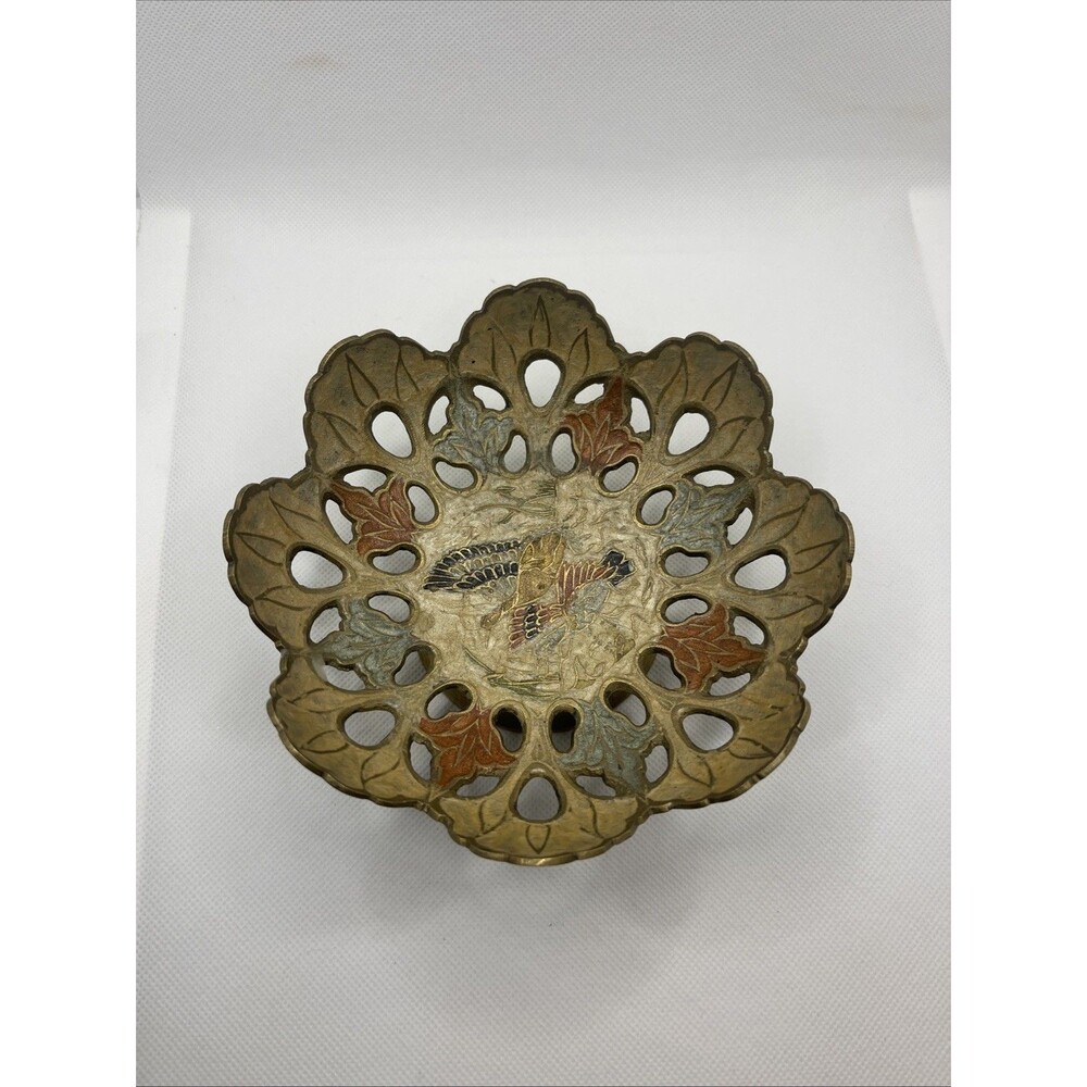 Stunning Enamel Brass Pedestal Bowl - Flying Ducks